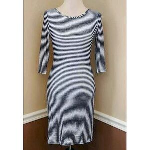 Modcloth Moon Navy Blue & White Striped 3/4 Sleeves Form Fit Dress S NEW